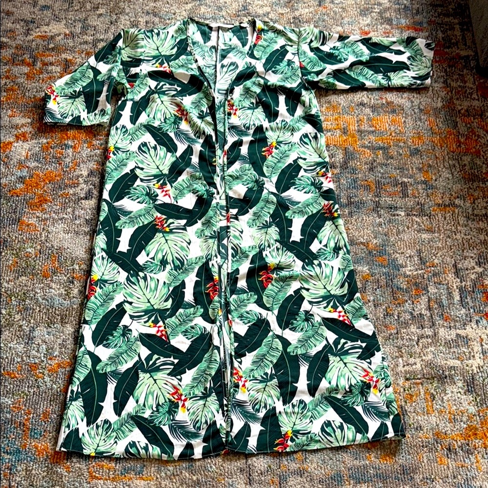 Tropical Leaf Print Long Duster or Cover Up